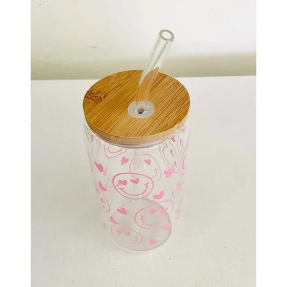 Pink Smiley Face Glass Tumbler 16 oz with Hearts Bamboo Lid and Glass Straw - Picture 4 of 10